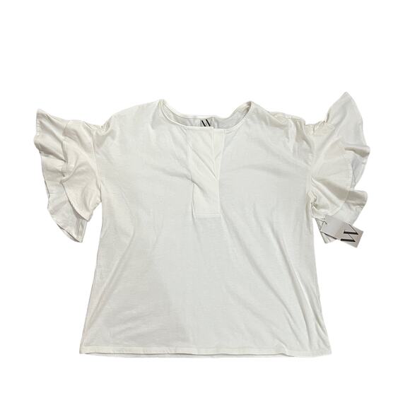 Worthington (M) Ruffle Short Bell Sleeve Split V Neck Blouse Tee Top Placket - Picture 10 of 12